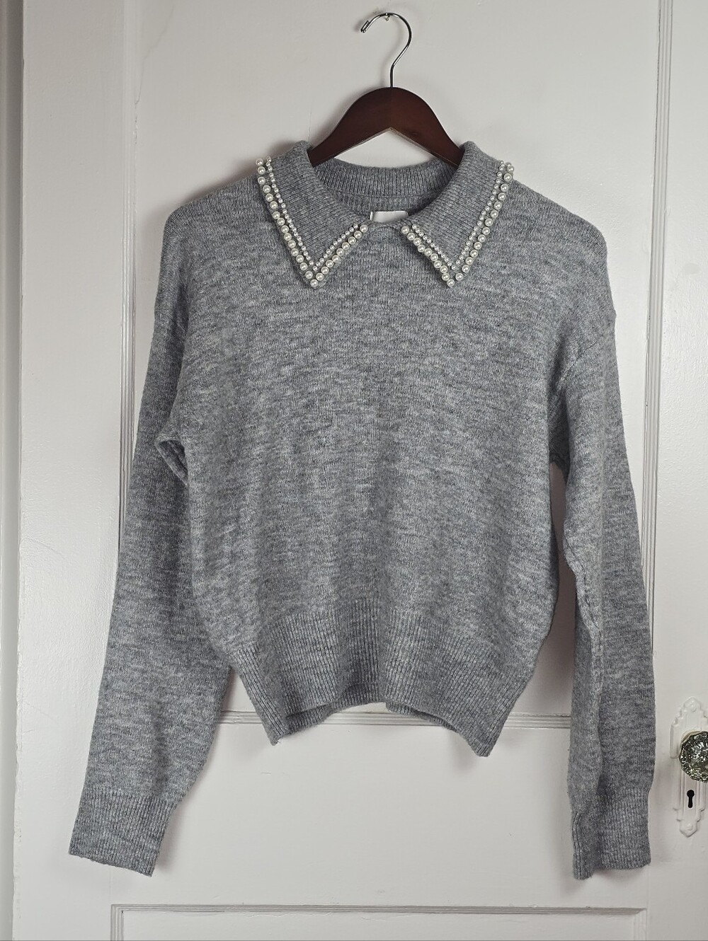 Gray Pearl Johnny Collar Cozy Grannycore Pullover Sweater Size M